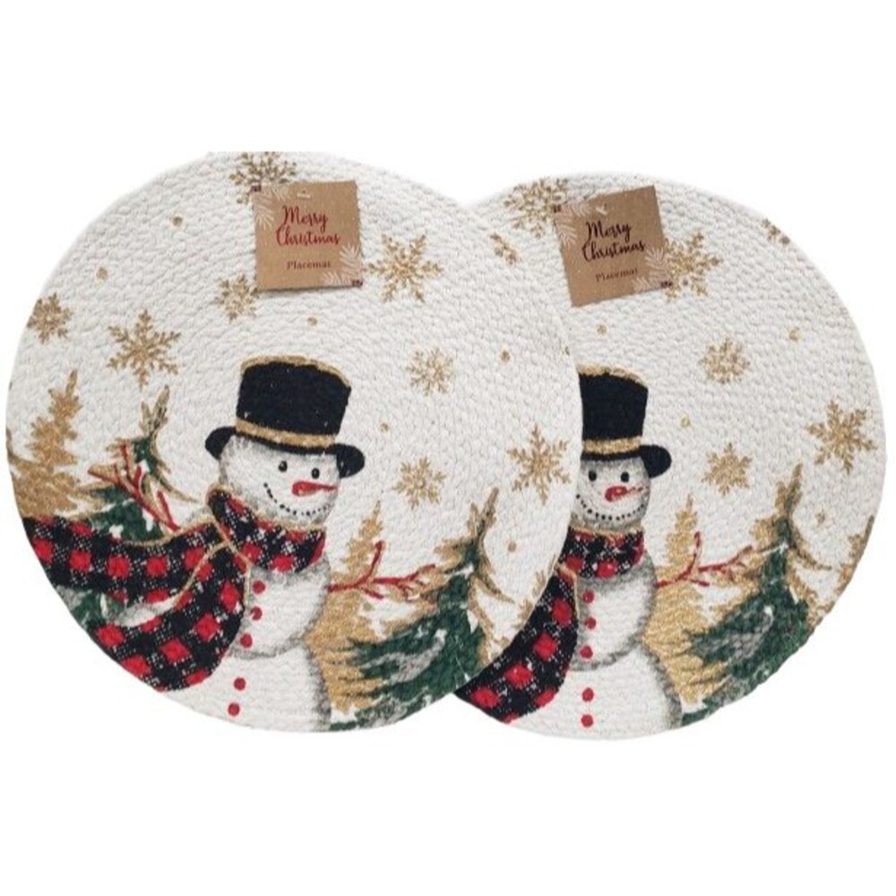 Set of 2 Same Kitchen Round Braided Placemats (15") CHRISTMAS TREES & SNOWMAN